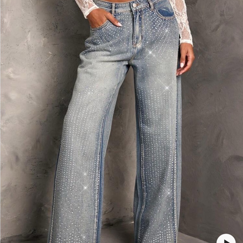 SHEIN Light Blue Rhinestone Wide Leg Jeans